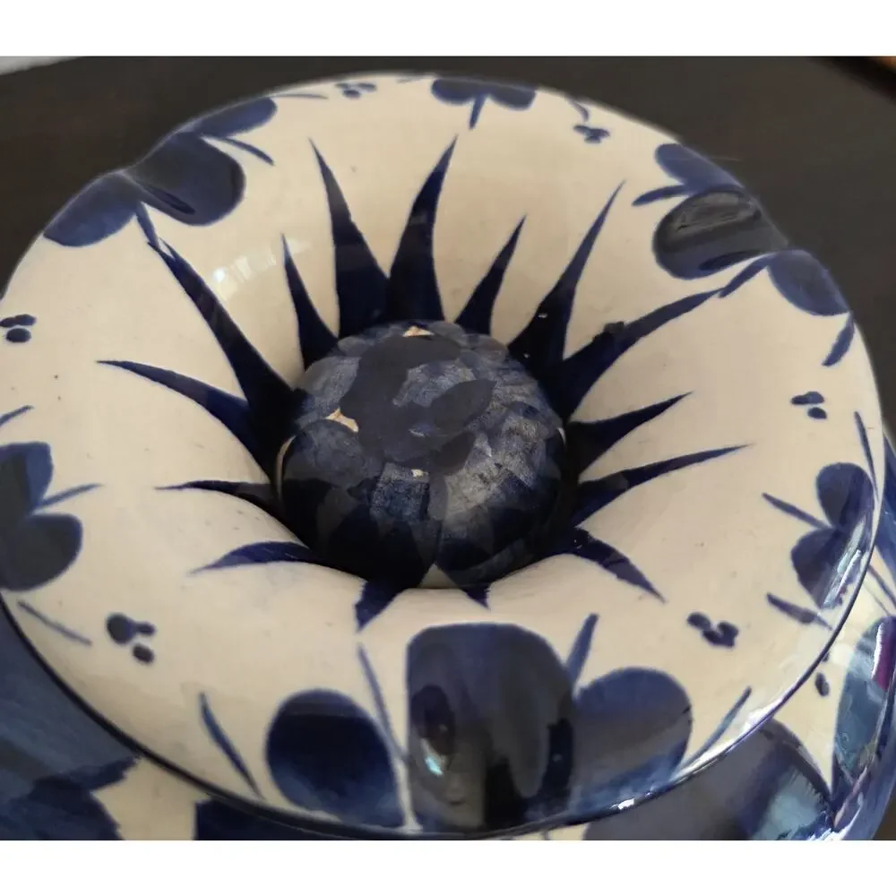 Vintage Mexican Pottery Covered Ashtray Blue White Floral Hecho En Mexico 8